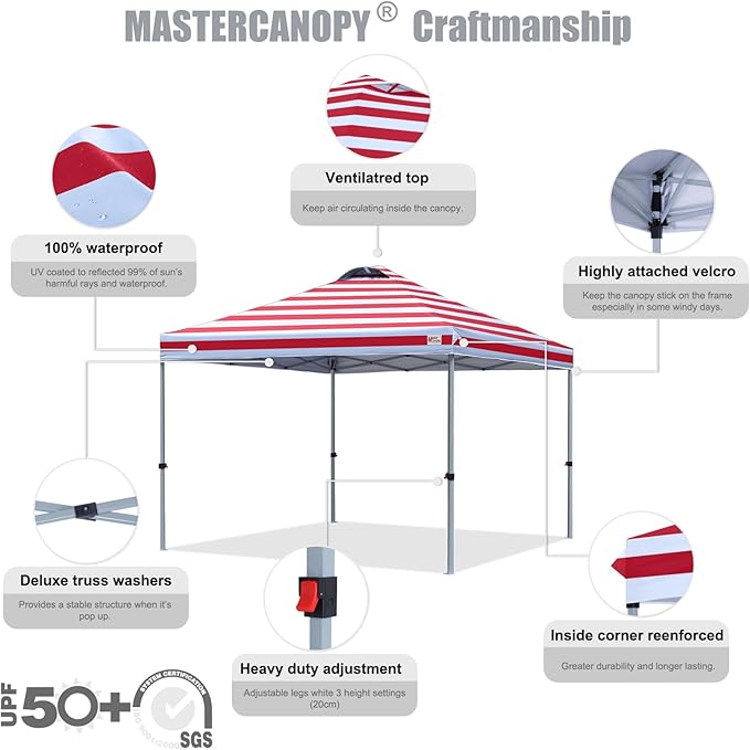 MASTERCANOPY Durable Pop-up Canopy Tent with Roller Bag (10x10, Red Stripe)
