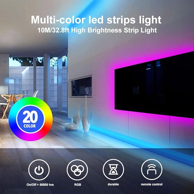 DAYBETTER Led Strip Lights 32.8 ft RGB Color Changing Lights Strip for Bedroom, Desk, Home Decoration, with Remote and Power Supply