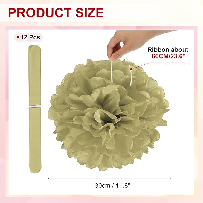 PATIKIL 12inch Tissue Paper Pom Poms, 12PCS Pom Poms Paper Flowers Ball Tissue Paper Flowers for Wedding Bridal Shower Birthday Bachelorette Party Backdrop Decoration, Gold