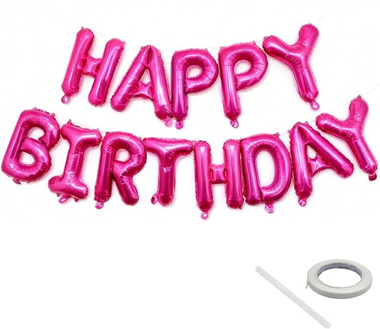 Hot Pink Happy Birthday Balloon Banner Kit - 16 Inch Foil Letters Balloons Hot Pink Birthday Decor for Men, Women Adults,Reusable Mylar Balloons,Birthday Party Sign, Birthday Decorations Supplies