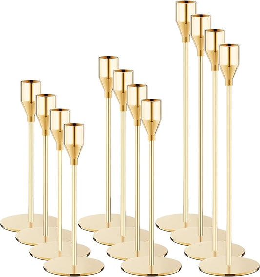 NLBTW French Gold Taper Candle Holders Set of 12 Candlestick Holders Bulk，Metal Candle Stick Holder Decor for Wedding, Dinning, Christmas Party or Anniversary, Fits 3/4 Inch Thick Candle