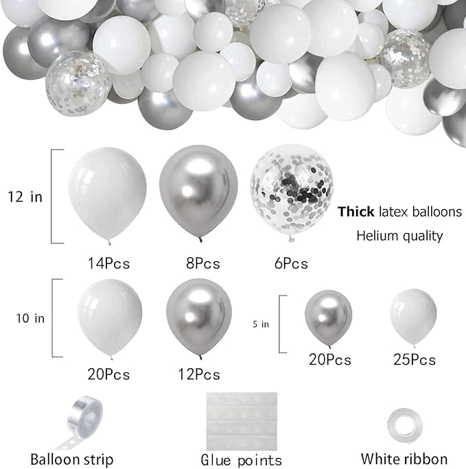 White and Silver Balloons Garland Arch Kit 5"10 Inch 12" White Silver Metallic Confetti Latex Balloons Arch Set for Christmas Winter Wonderland Birthday Baby Shower Wedding Party Winter Decor