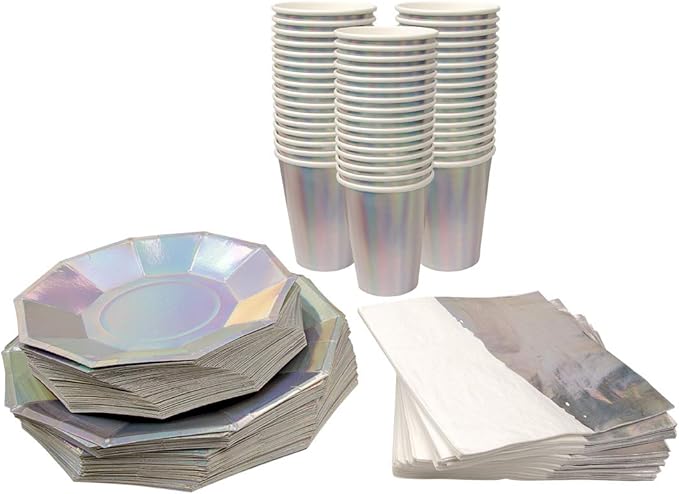 Andaz Press 50 Piece Iridescent Party Plates, Cups and Lunch Napkins Set, Bulk Tableware Set, Iridescent Party Decorations Theme Supplies, Holographic Silver Decorations Tableware Kit