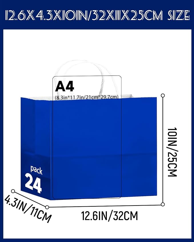 qiqee 24PCS Large Gift Bag with Handles Bulk 13"x4.5"x10" Gift Bags Diamond Blue Bags Multiple Uses (32x11x25cm,Wide Large)