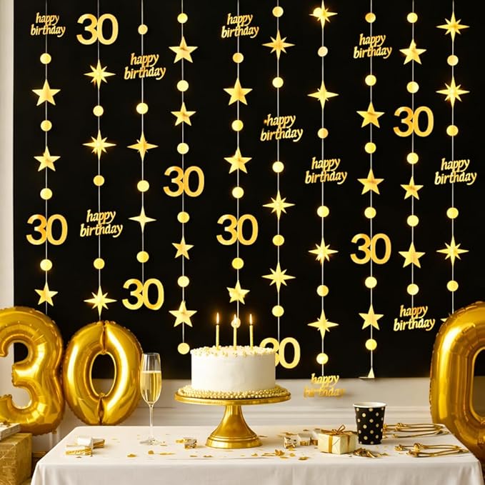 GCQQ Gold 30th Birthday Decoration -4 Packs Gold Happy Birthday Circle Dot Star Garland 46FT Metallic Hanging Streamer Banner Decorations for Her 30 Dirty Thirty BirthdayTheme Party Decor, Pre-Strung