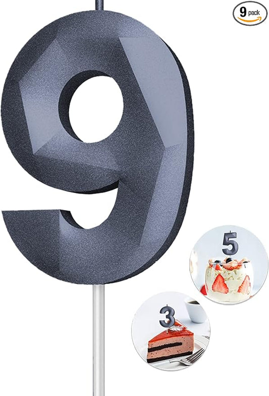 Number Birthday Candles(9 Candle Black) 3D Diamond Shape 9th Happy Birthday Cake Topper Decorations for Boy Men Birthday Wedding Anniversary Celebration Theme Party Supplies