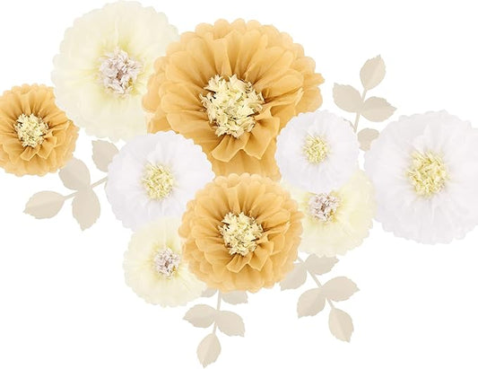 Fonder Mols Tissue Paper Chrysanth Flowers with Butterfly and Olive Leaves for Wedding Baby Shower Nursery Room Parties & Events Decorations Pom Poms (White Ivory Khaki)