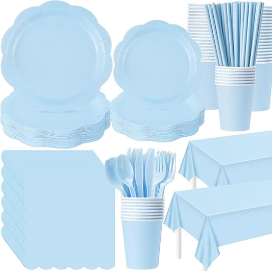 Funnymoom 452 Pcs Light Blue Party Supplies for 50 Guests, Baby Blue Scalloped Paper Plates Napkins Cups Plastic Tablecloth Cutlery Straws for Baby Bridal Shower, Birthday Wedding Party Decoration