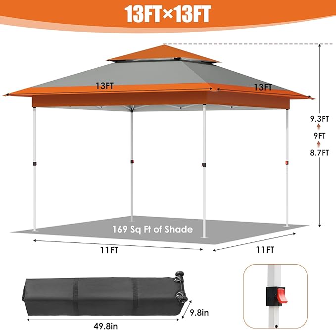 Arlopu Pop Up Canopy Tent with 1-Person Set up, Camping Instant Durable Shelter, Outdoor Gazebo Beach Shade with Wheeled Bag, 4 Sand Bags for Weight (Orange, 13FTX13FT)