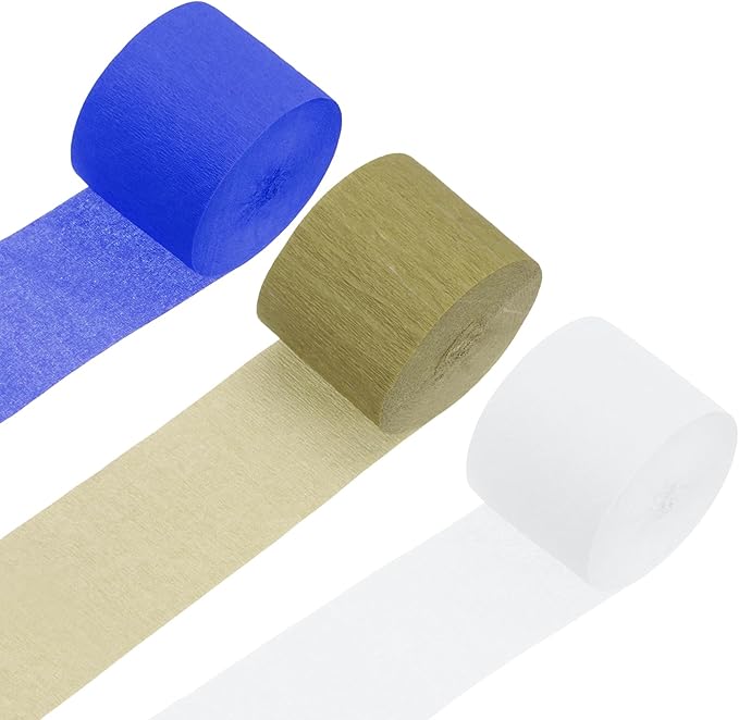 MECCANIXITY 3 Roll 246 ft Crepe Paper Streamers, Wedding Decoration Streamers Party Decoration for Wedding Valentine's Day Festival Backdrop, Blue,White,Gold
