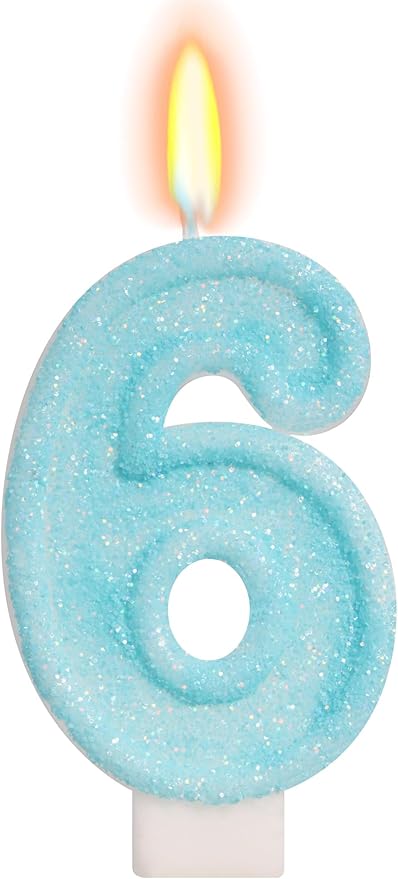Blue Birthday Candles - Number 6 Candle for 6th Birthday Decorations for Girls Boys, Sky Blue Cake Decorations Sweet Theme Party Supplies