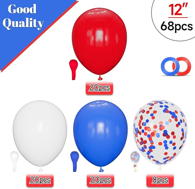 Red White Blue Latex Balloons 68 Pack, 12 Inch Patriotic Balloons with Confetti, Party Decorations for 4th of July, Independence Day, Graduation, Birthday, Air Helium Fill.