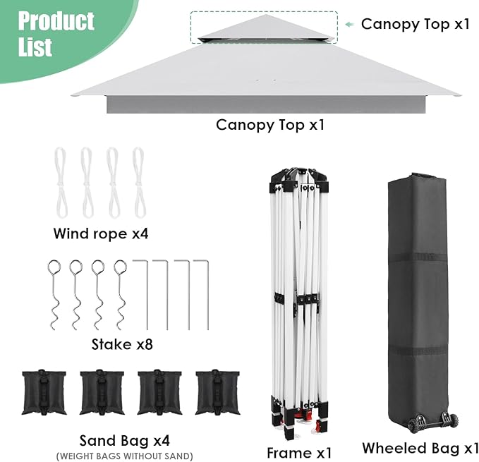Arlopu Pop Up Canopy Tent with 1-Person Set up, Camping Instant Durable Shelter, Outdoor Gazebo Beach Shade with Wheeled Bag, 4 Sand Bags for Weight (White, 13FTX13FT)
