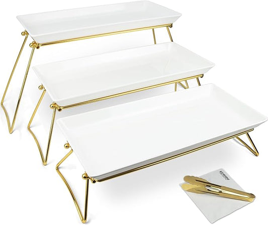 ECOIOU Extra Large 3 Tier Serving Tray, 24 x22 x 9.8 Inch Melamine Tiered Tray Stand and Platters for Party Buffet Entertaining, White and Gold