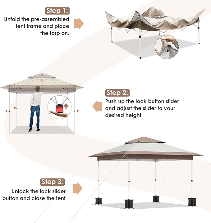 Arlopu Pop Up Canopy Tent with 1-Person Set up, Camping Instant Durable Shelter, Outdoor Gazebo Beach Shade with Wheeled Bag, 4 Sand Bags for Weight (Khaki, 12FTX12FT)