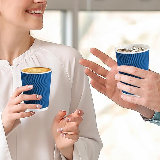 Lamosi 120 Pack 8 oz Disposable Coffee Cups, Insulated Corrugated Paper Cups, Kraft Ripple Wall Cups for Hot Beverage or Cold Drinks Office/Home/Party/Travel/Cafe (Navy)