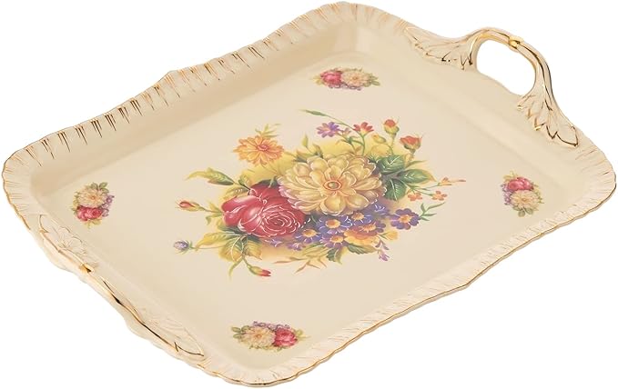 YOLIFE Ivory Serving Tray, Ceramic Floral and Gold Leaves Decorative Platter for Tea Party 15 X 11 inch (Flowering Shrubs)