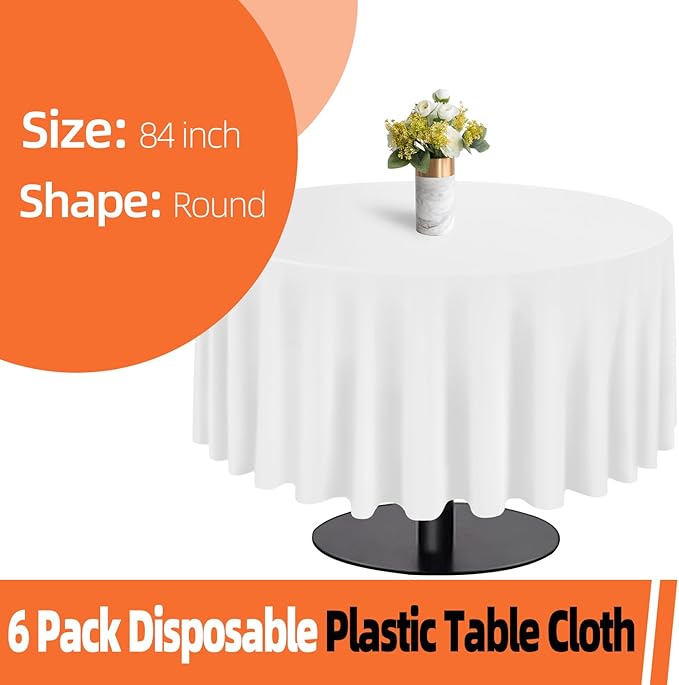tujol White 6 Pack Plastic Table Cloth 84", Disposable Round Tablecloth Table Cover, Plastic Tablecloths for Parties