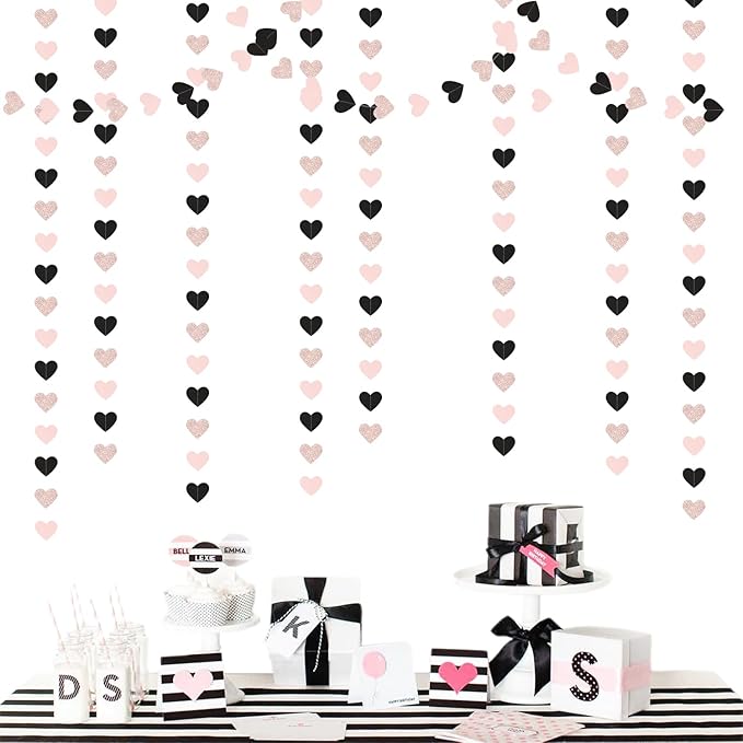 Rose-Gold Black-Pink Valentines Party-Decorations Heart-Garland - 52ft Glitter Galentines Hanging Streamers Banner,Women Romantic Special Night Wedding Birthday Bachelorette Backdrop Decor Burgleda