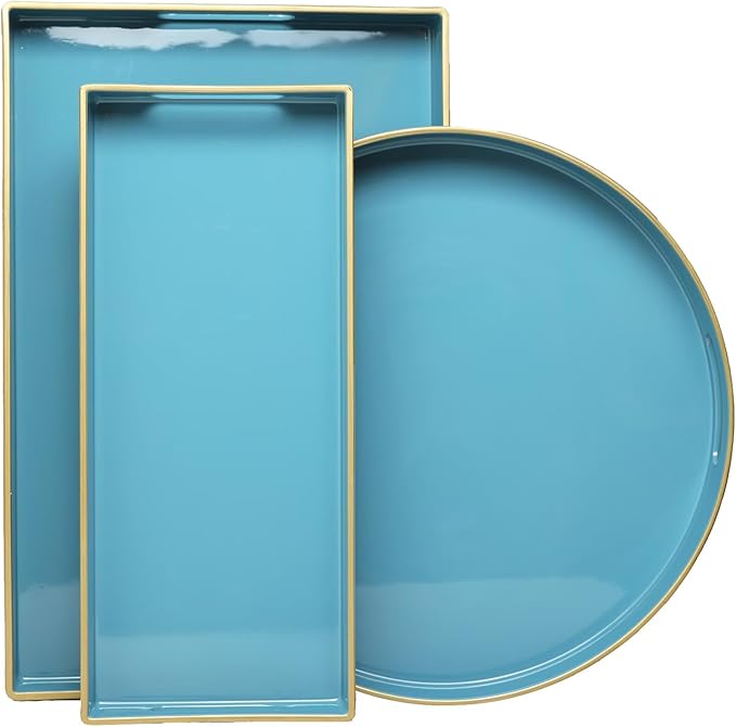 Teal Blue Decorative Coffee Table Tray, Rectangular Plastic Serving Tray with Handles for Living Room, Ottoman, Bathroom, 15.7"*10.2"