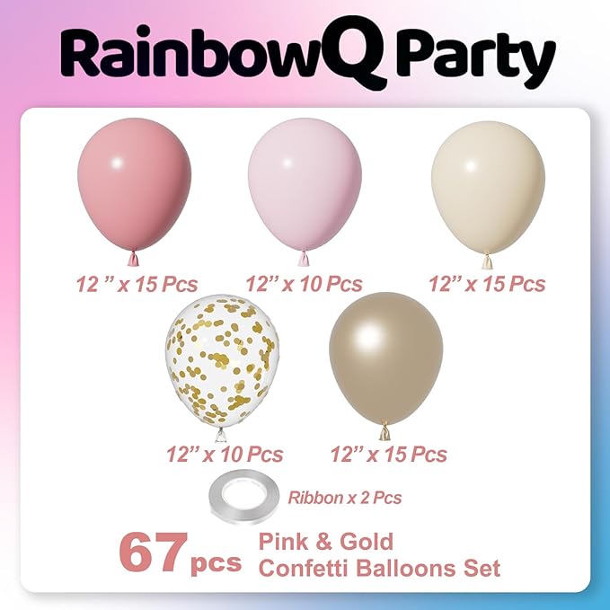 Metallic Pink and Gold Balloons 12 Inch 67PCS Sand White Champagne Confetti Latex Helium Balloons Set for Anniversary Wedding Birthday Party Decorations