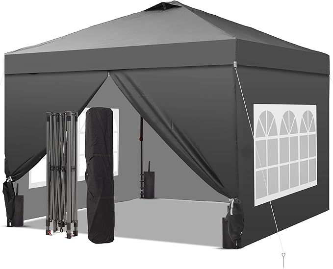 GDY 10x10 Pop Up Canopy Tent with 4 Sidewalls, Easy Set up with One Push Lift Outdoor Silver Coated Beach Gazebos, Carpas with 4 Sandbags, for Events, Parties,Camping, Gray.