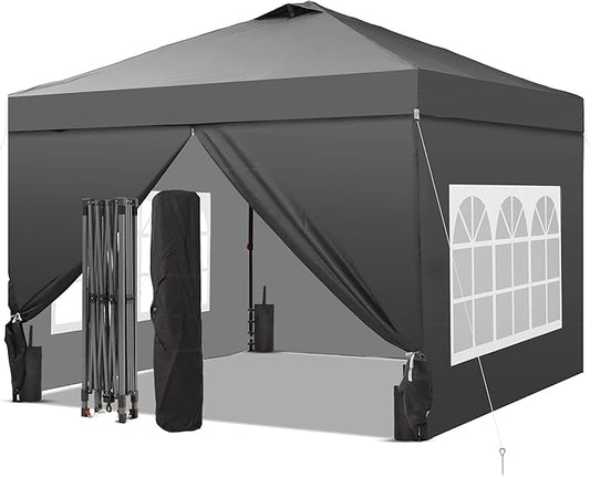 GDY 10x10 Pop Up Canopy Tent with 4 Sidewalls, Easy Set up with One Push Lift Outdoor Silver Coated Beach Gazebos, Carpas with 4 Sandbags, for Events, Parties,Camping, Gray.