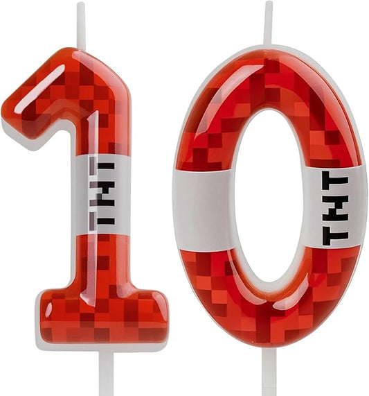 TNT Themed Birthday Candles for Boys Girls, Craft Pixels Cake Topper,Number 10 TNT Cake Toppers，Pixel Birthday Cake Candle,Kids Themed Birthday Party Supplies (Number 10)