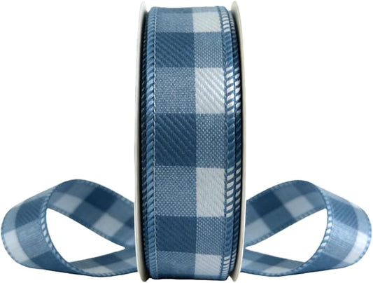 Meseey 7/8 Inch Blue and White Plaid Wired Ribbon, 10 Yards Patriotic Check Wired Edge Ribbon for Gift Wrapping, Crafts, Wreaths, Bouquets, Holiday & Home Decor