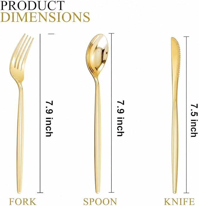 SUT 150PCS Gold Plastic Silverware, Plastic Utensils,Gold Silverware Disposable,Disposable Utensils Heavy Duty,Plastic Cutlery Set,Includes:50 Knives, Forks and Spoons for Party, Birthday,Wedding