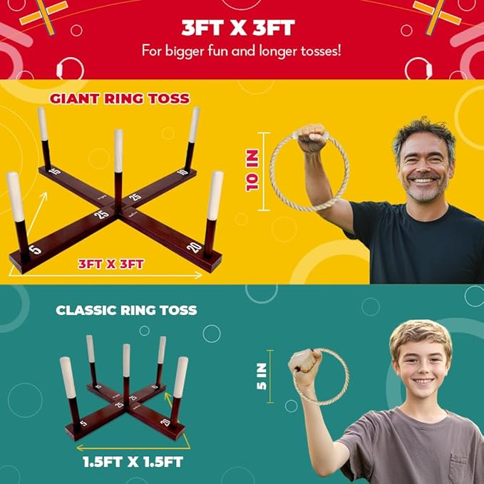 Swooc Games - Rustic Ring Toss Game (All Weather) - Easy Setup & Extra Games Included - Ring Toss Game for Adults - Outdoor Activities for Adults - Yard Toys for Kids - Backyard Fun - Outdoor Party