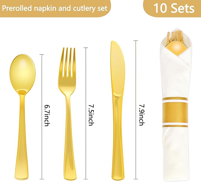 10 Pack Pre Rolled Gold Plastic Silverware Set,Wrapped Plastic Cutlery Set with Napkin Include 10 Forks,10 Spoons,10 Knives and 10 White Napkins for Party,Wedding,Birthday