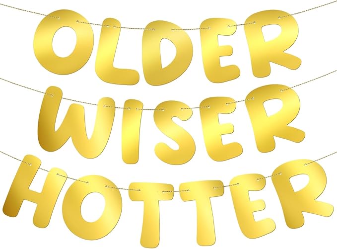Fulmoon Set of 3 Pre Strung Older Wiser Hotter Glitter Banner Funny Birthday Banner for Women 30th 40th 50th 60th 70th 80th Birthday Party Decorations Sign Gift(Bright Gold)