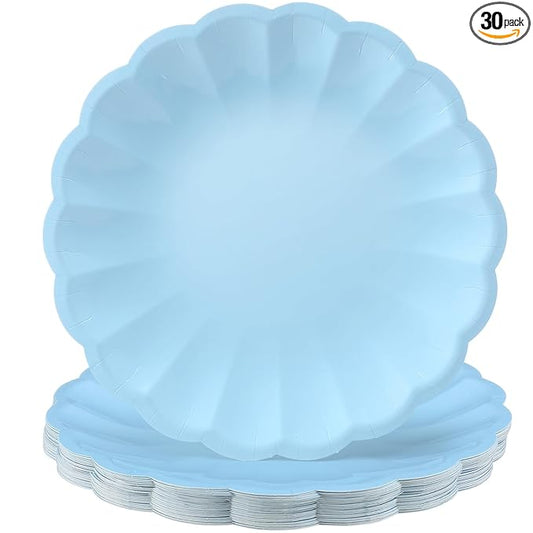 Newtay 30 Pcs Large Scalloped Paper Plates 9.5 Inch Shell Edge Disposable Dinner Plates for Birthday Wedding Baby Shower Party Decorations (Light Blue)