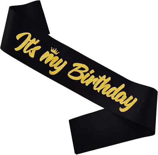 It's My Birthday Sash Black with Glitter Gold Letters Happy Birthday Sash for Men Boy Bday Gift Ideas Party Favors