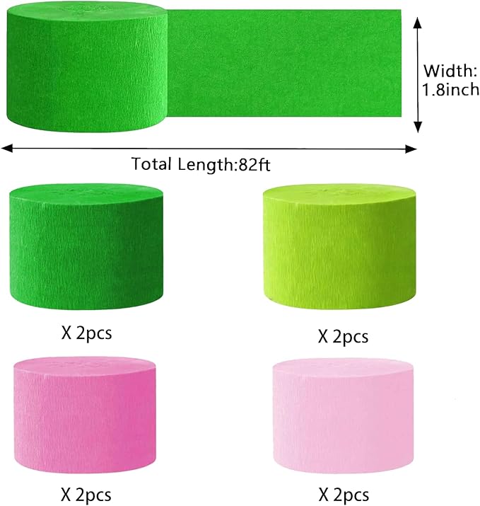 Green and Pink Crepe Paper Streamers 1.8 Inch Widening 8 Rolls,Green and Pink Party Streamer 82 feet per roll for Birthday Wedding Pink Green Party Decorations