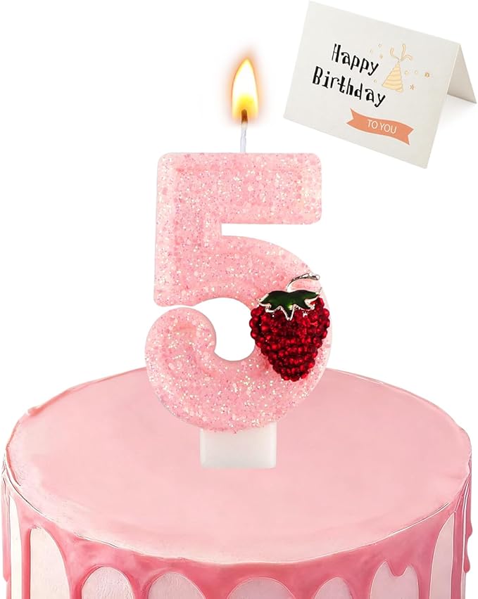 Birthday Candles for Cake, Pink Number Candles, Cake Candles with Greeting Card for Birthday Party Wedding Anniversary Celebrations (Strawberry 5 Candle)