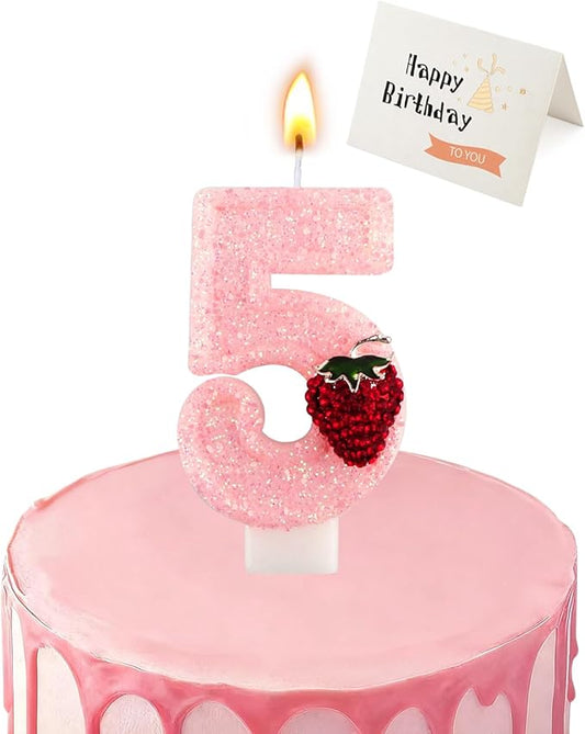 Birthday Candles for Cake, Pink Number Candles, Cake Candles with Greeting Card for Birthday Party Wedding Anniversary Celebrations (Strawberry 5 Candle)