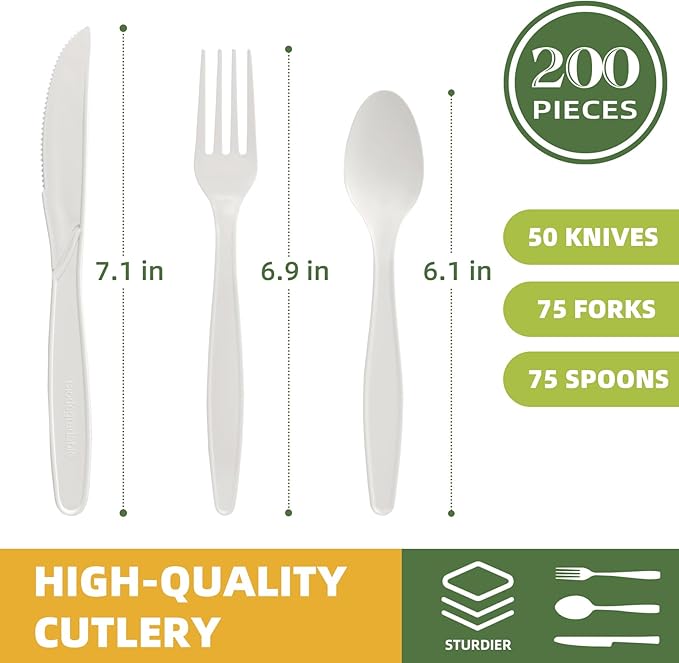 200 Count Biodegradable Cutlery Set Eco-Friendly Compostable Utensils Heavy Duty Disposable Silverware 75 Forks, 75 Spoons, 50 Knives for Parties Picnics Travel BBQ