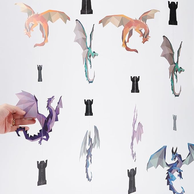 Cheerland Dragon Party Decorations Medieval Dragon Decoration Hanging Fire Wings Garland Geometric Fantasy Castle Streamer Banner Decoration Fantasy Birthday Renaissance Theme Backdrop Pack of 6