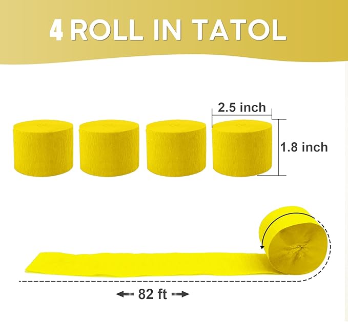 4 Rolls Crepe Paper Gold Streamers – Perfect for Streamers Party Decorations, Wedding, Birthday, Colored Decor, and DIY Craft Supplies(1.8 Inch x 82 Ft/Roll)