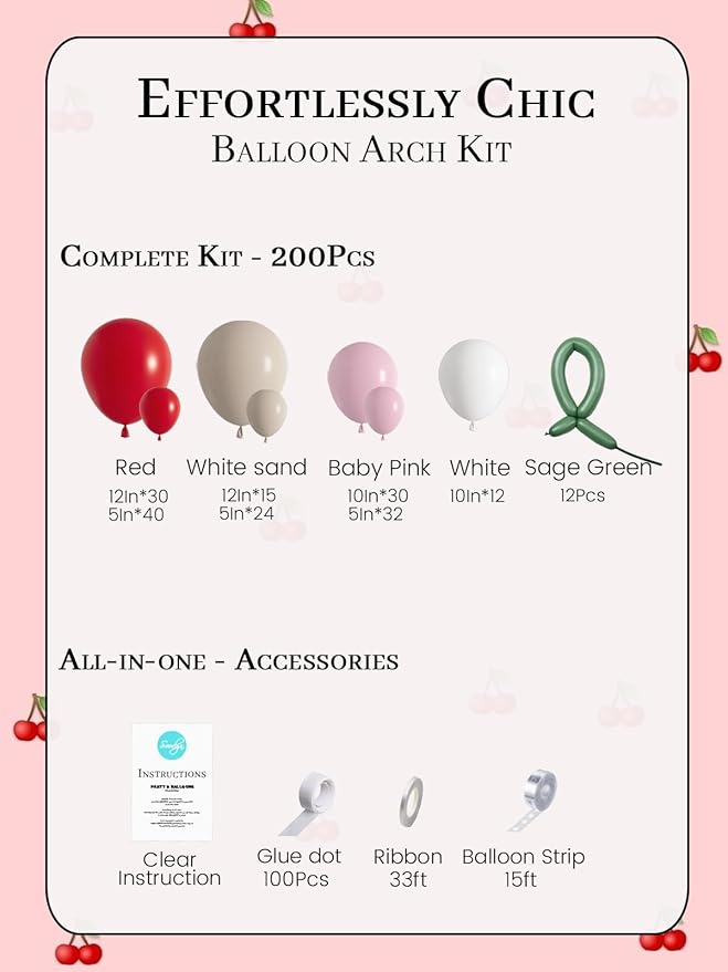 Soonlyn Cherry Balloons Arch kit, 200Pcs Cherry Birthday Decorations Red Pink White Balloons for Shes the Cherry on Top Decorations, Bridal Shower