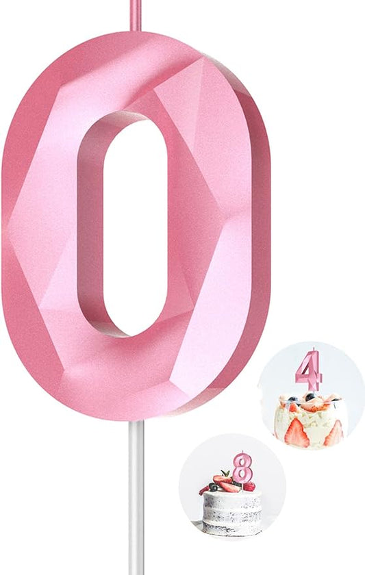 Number Birthday Candles(0 Candle Pink) 3D Diamond Shape 0th Happy Birthday Cake Topper Decorations for Girl Women Birthday Wedding Anniversary Celebration Theme Party Supplies