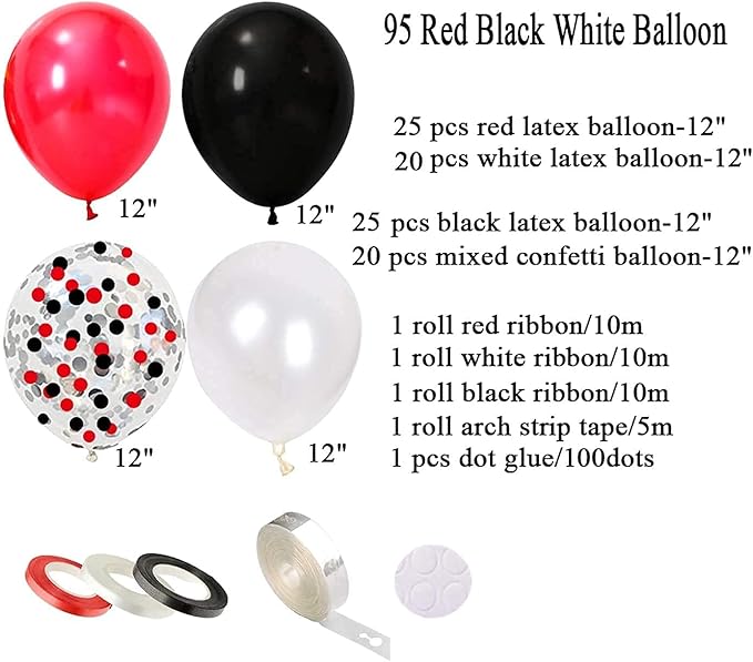 Red Black White Balloon Garland Arch Kit - Red Black Balloons White Balloons Mixed Confetti Balloons for Casino Birthday Retirement Graduations 2025 Party Decorations