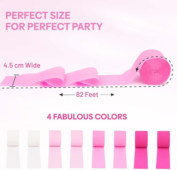 Captain Décor 8 Pink Streamers with White, 656ft Pack of Pink Crepe Paper Streamers for Bachelorette Party Decorations, Birthday Decor (1.8 inch x 82 ft/Roll)