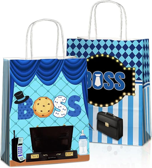 JOYGATHER 24 Pcs Boss Party Favors Bags with Handles, Baby Boy Goodie Bags, Gift Bags, Candy Bags with 2 Different Types, Boss Kraft Paper Bags for Birthday Party Supplies Baby Shower Decorations