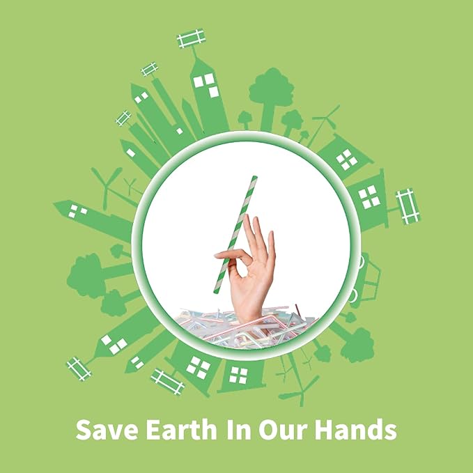 Green Stripes Paper Drinking Straws, Biodegradable Disposable Christmas Green White Striped Straws, Spring Green Straws 7.75 inch (100 of Box)