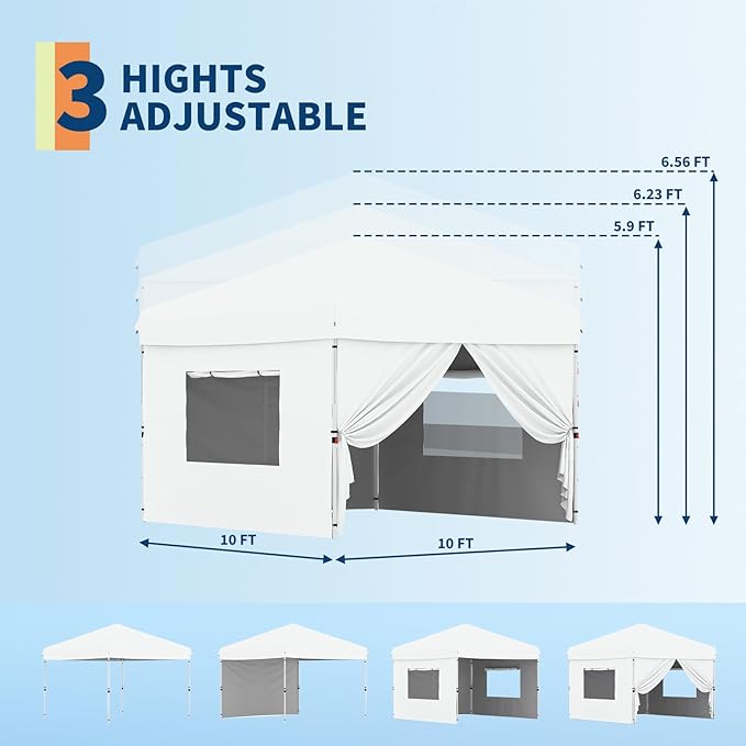 Garvee 10x10 Pop Up Canopy Tent with 4 Removable Sidewall, Heavy Duty Commercial Instant Shelter with One-Person Setup, UPF 50+ Waterproof, 100 Sq Ft Shade for Outdoor Events, Camping, Farmers Market