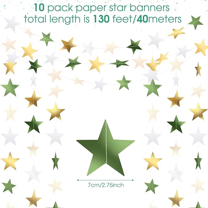 Patelai Glitter Star Garland Banner 2026 Graduation Decor 130 Feet Star Hanging Banner Twinkle Backdrop for Party Birthday Classroom Wedding Supplies(Sage Green, Gold, White)