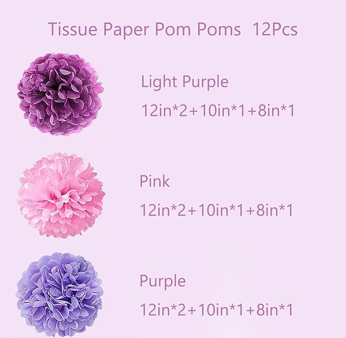 Tissue Paper Pompoms Paper Flower 12 Pcs Pink,Lavender,Light Purple Paper Flower Ball for Birthday Bachelorette Wedding Baby Shower Bridal Shower Party Decoration
